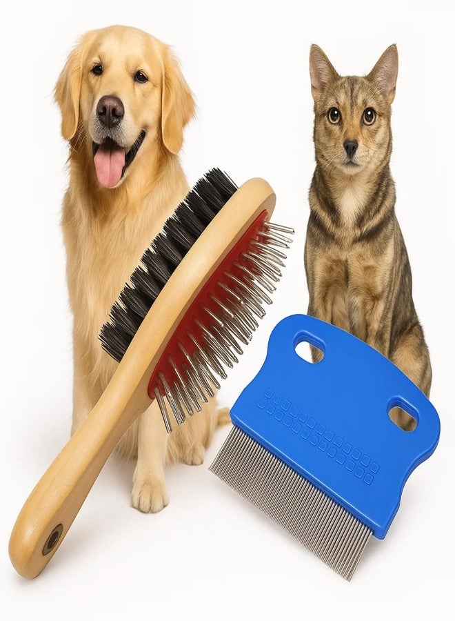 Sage Square Wooden Double Sided Pet Brush Comb | One Side with Soft Bristles, Other with Steel Pins Combo with Palm-Size Fine Pin Flea Comb | Grooming Kit for Dogs & Cats | Detangles, Removes Fleas - Image 1